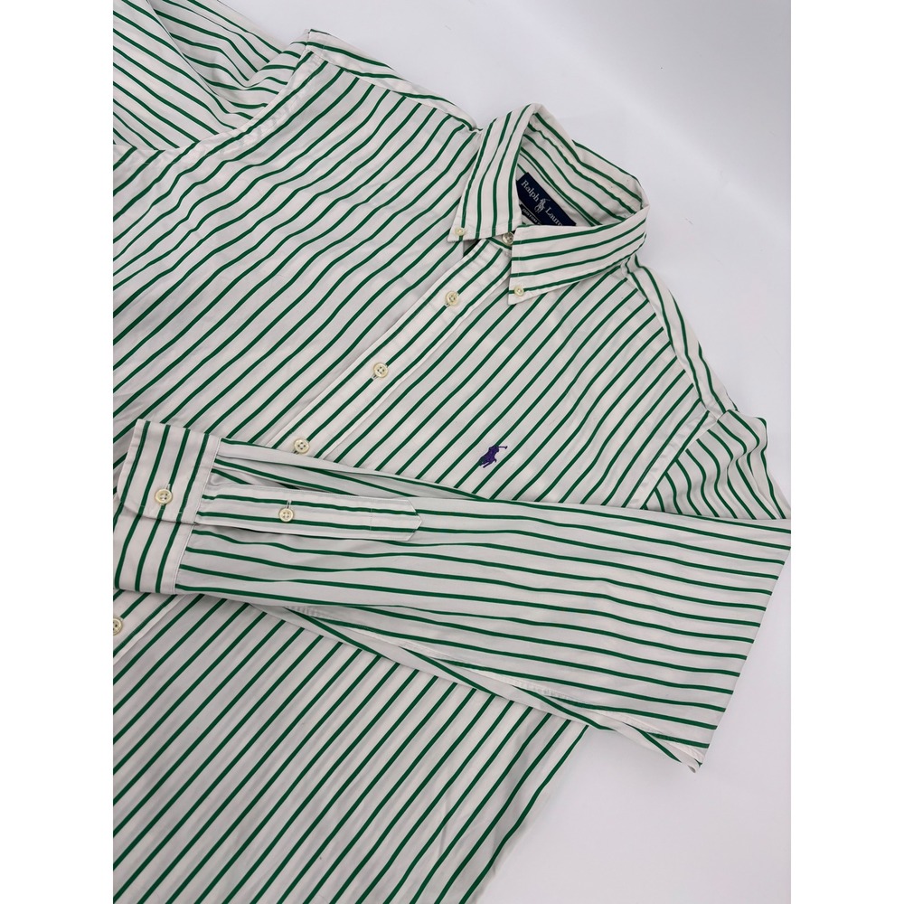 Ralph Lauren Mens XL Custom Fit Green White Striped Button Down Shirt LS